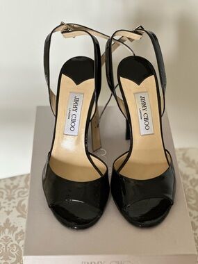 Jimmy Choo “Onix” Black Patent Leather Peep-Toe Ankle Strap Heels
